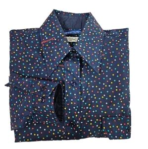 Vintage 70s Obermeyer Spellout Navy Polka Dot Button Down Shirt Size‎ Large Q78